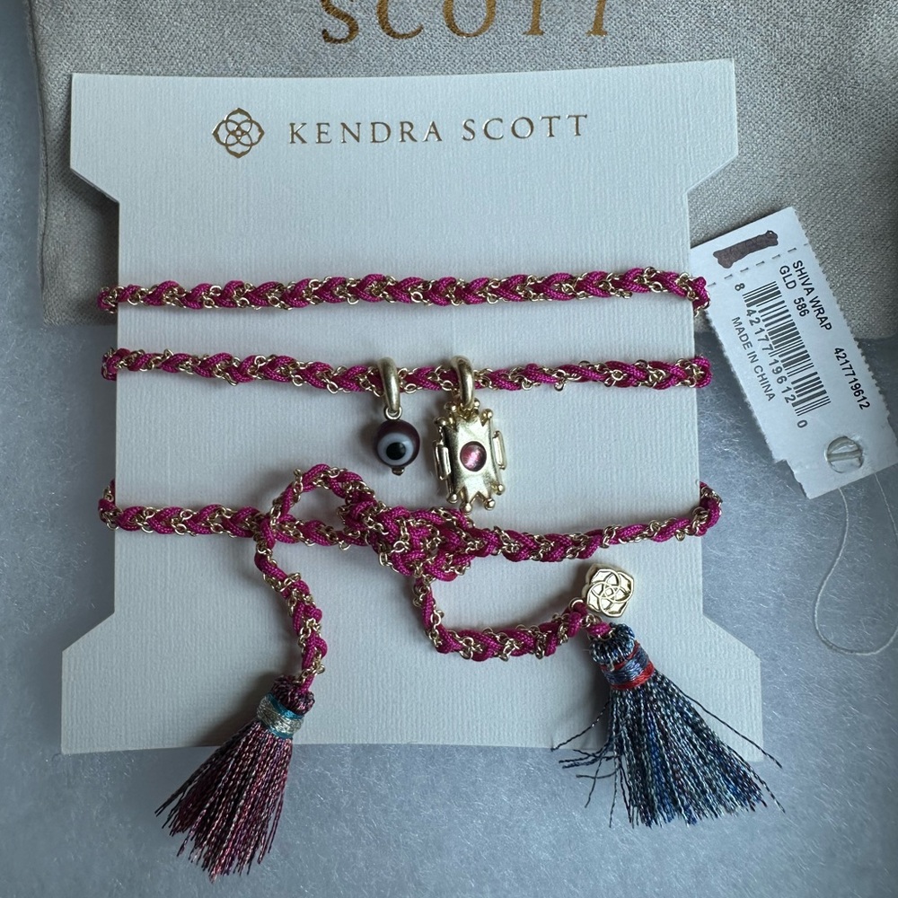 NWT Kendra Scott Shiva Wrap Bracelet Evil Eye Charms + Pink/Gold Braided Chain